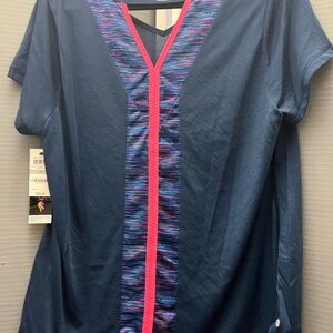 Short Sleeve Relaxed Blouse in Dark Navy Blue and Pink